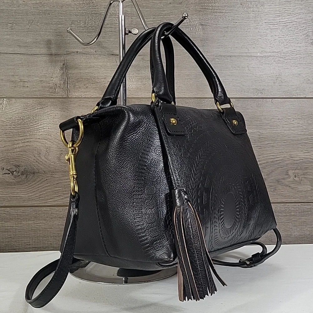 Isabella Fiore Black Tooled Leather Satchel Crossbody Shoulder Bag with Tassel